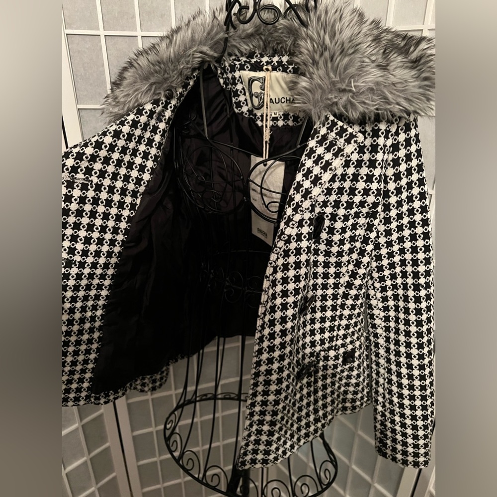 Women’s GAUCHA Tweed Checkered Fur Collar Coat Jacket - Picture 14 of 16